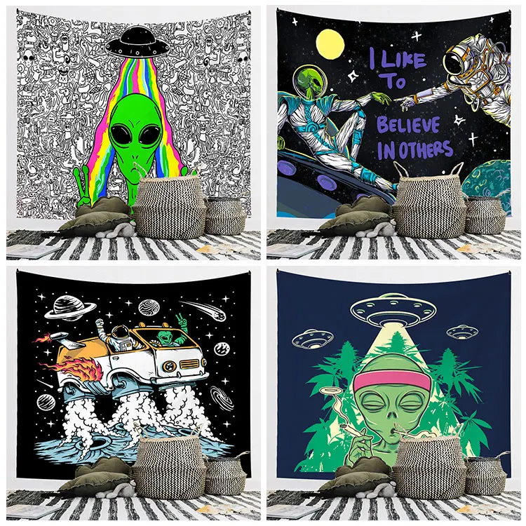 Cool Space Man Wall Hanging Tapestries Psychedelic Bedroom Decoration Hippie Universe Et Alien Bus Tapestry