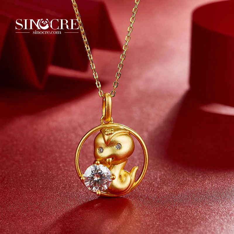 SINOCRE Latest Dog Lotus Pendant Gold TRENDY Pure Iced Out 18K Initial Necklace Twelve Zodiac Signs Animals