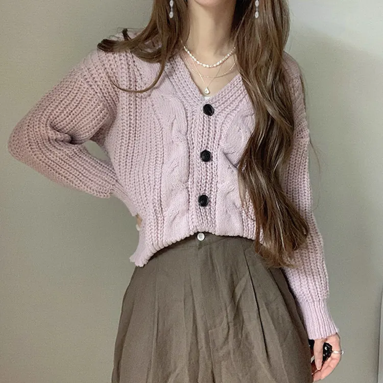 Factory Price Fall Cable Knit Cardigan Women Retro Twist Buttons Pullovers Lazy Winter Coat Plain Knitted Cardigans For women