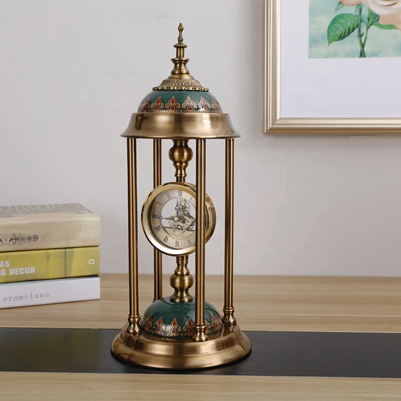 European style vintage premium desk clock metal Table Desk Clock table clock and candle holder set for home office decorative