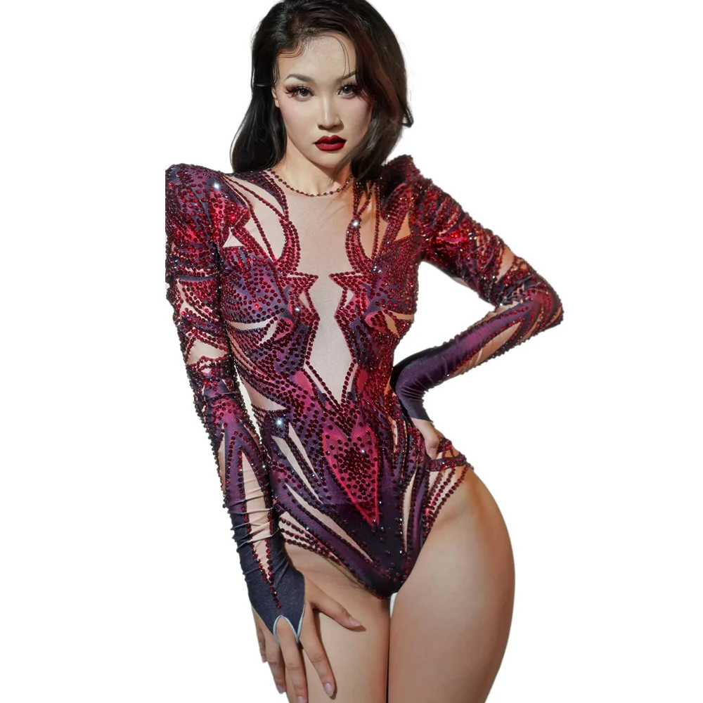 Sexy Red Rhinestone Bodysuits Women Party Rompers Drag Show Gogo Dancer Costumes Festival Outfit Lady Stage Performance Jumpsuit