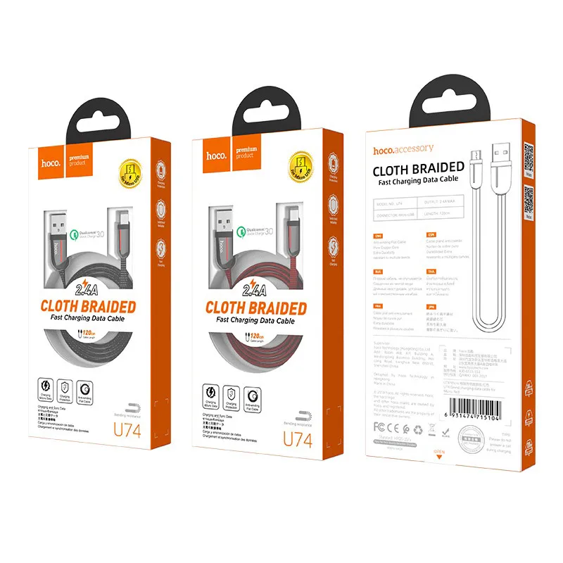 HOCO Hot Sale U74 Zinc Alloy Flat USB 2.0 Male Micro Braided Charging Data Cable for Android Phone