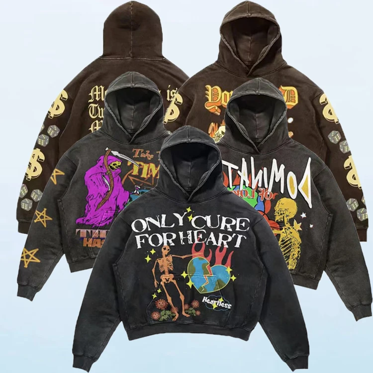 huili wholesale 400gsm 100% cotton Y2K vintage hoodie men Halloween skull print hoodies custom logo stone wash hoodie