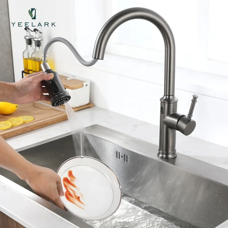Commercial Automatic Brushed Graphite Finished Pull Down 304 Stainless Steel Touchless Smart Sensor Kitchen Sink Faucet Tap