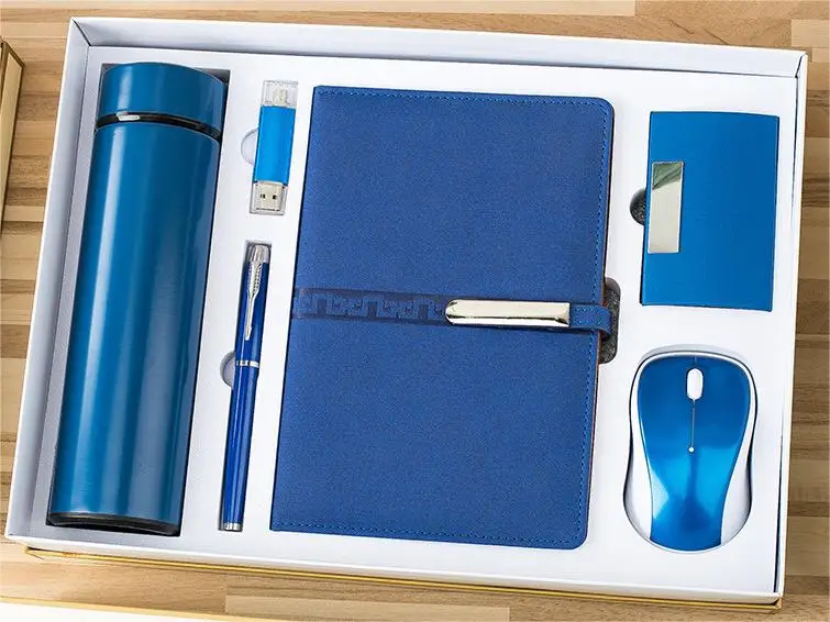 A5 Notebook+Sign Pen+Vacuum Flask+USB Flash Drive+Name Card Holder +Mouse Office Stationery Gift Set