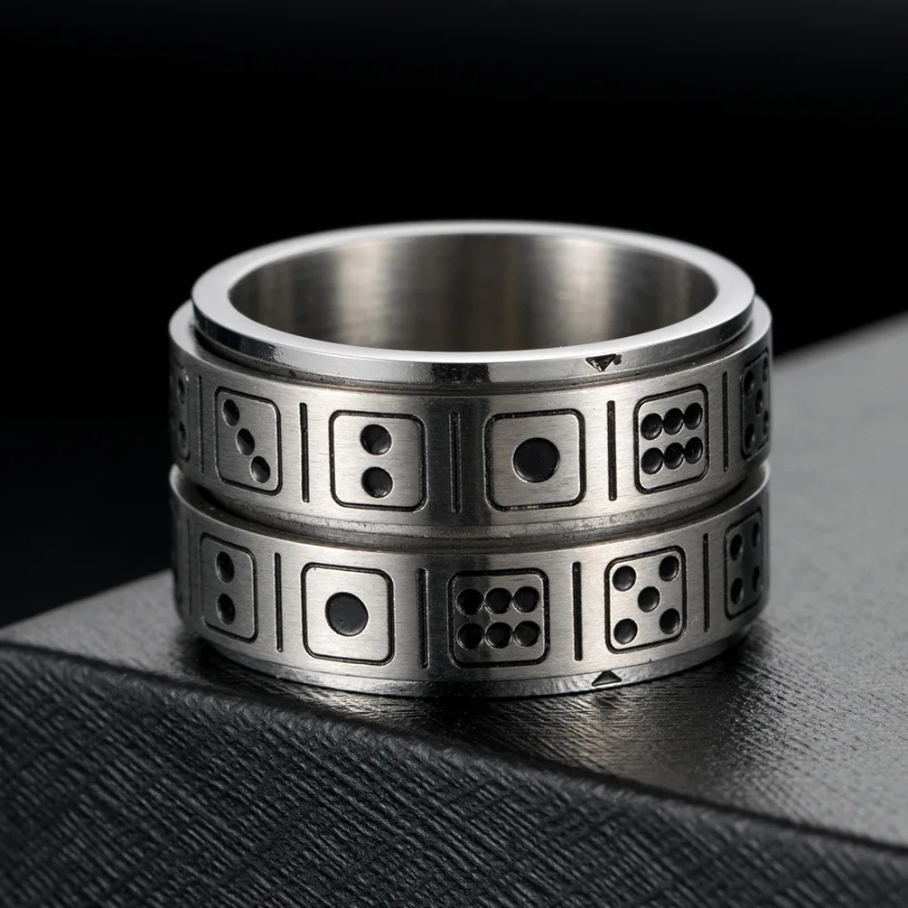 Creative Jewelry Funny Double Layer Round Loop Spin Finger Ring Silver Stainless Steel Engraved Grain Dice Game Ring
