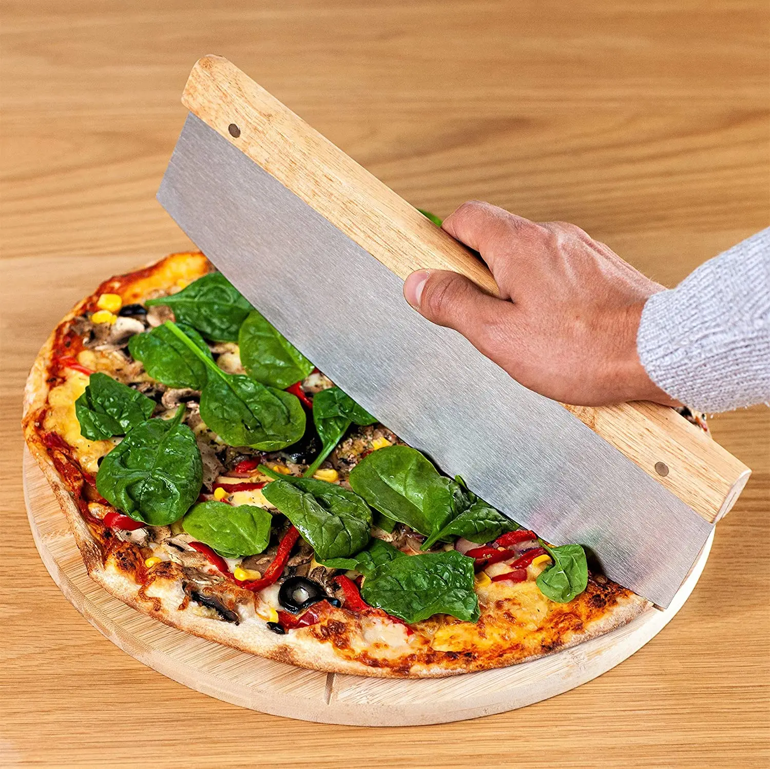 Double-Sided Wooden Cutting Board with Cutter Bamboo Pizza Board