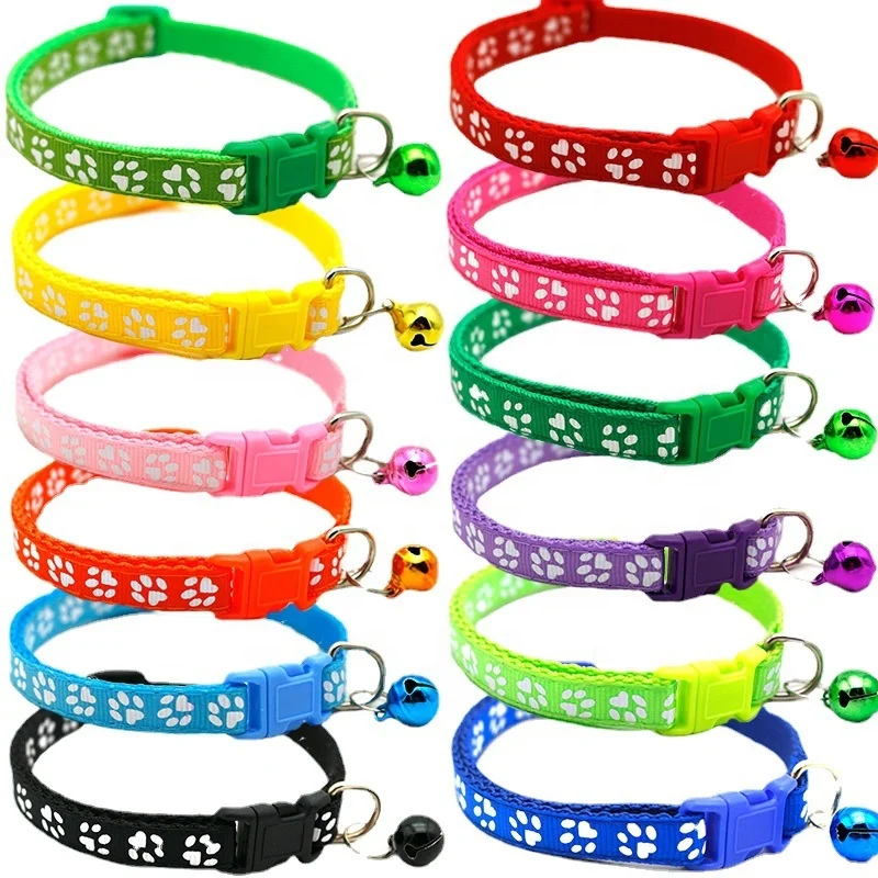 Wholesale Multi Colors Adjustable Puppy Pet Paw Print Cat Bell Collar Nylon Collar With Bells