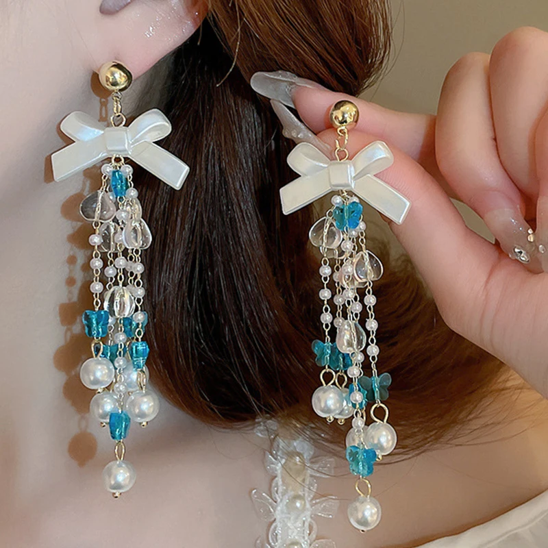 Silver Needle Bow Heart Butterfly Pearl Tassel Earrings Super Immortal Sweetness High Grade Earrings Light Luxury Earrings