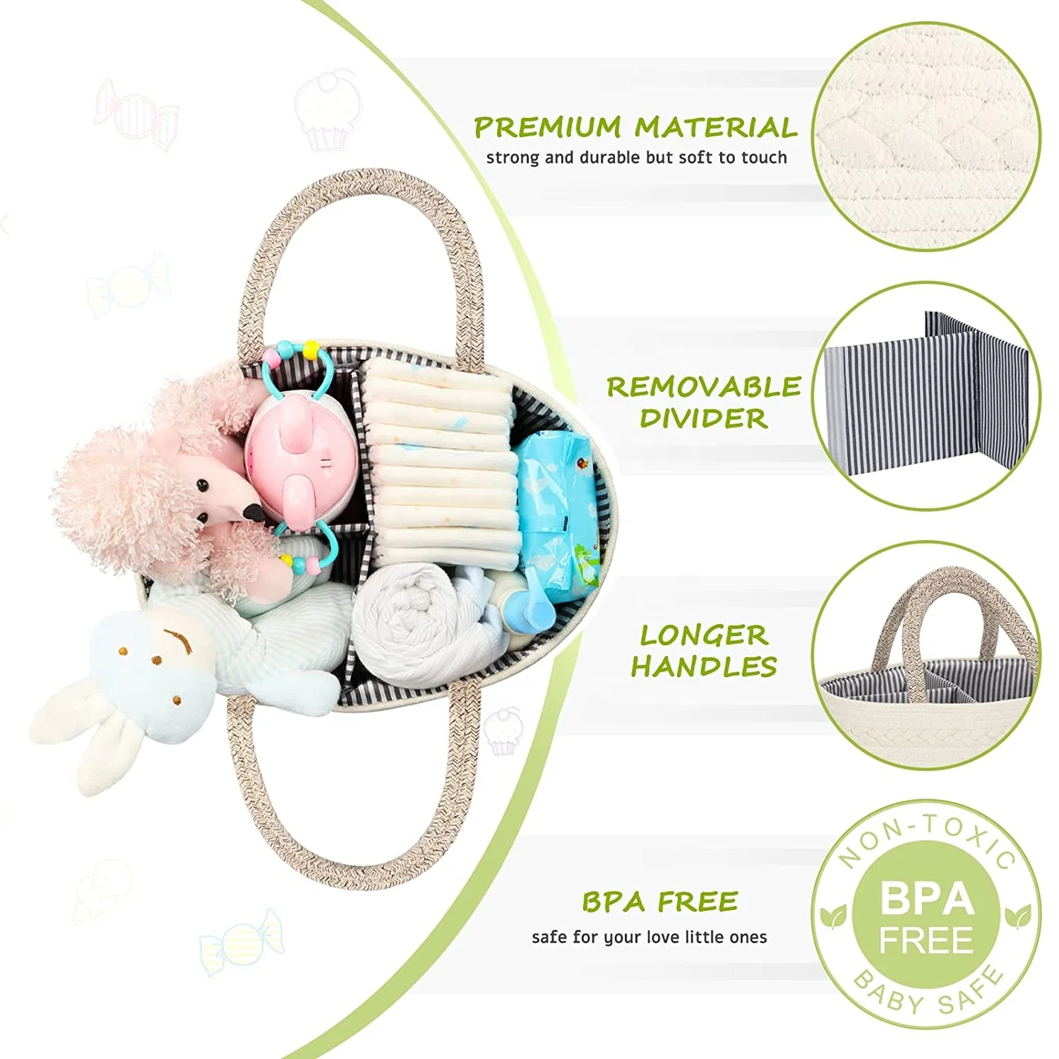 Baby Diaper Caddy Organizer Basket Cotton Rope Nursery Storage Bin for Boys and Girls Tote Bag with Removable Inserts