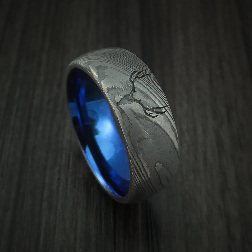 
Beautiful deer antlers Damascus steel ring professional ring men with polished blue inlay 