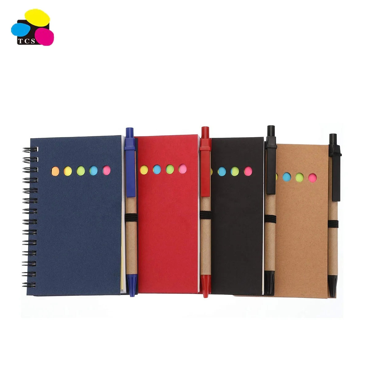 
Cheap price good quality 4 Pieces Kraft Paper Pocket Business Spiral Lined Notebook with Pen in Holder and Sticky Tabs 