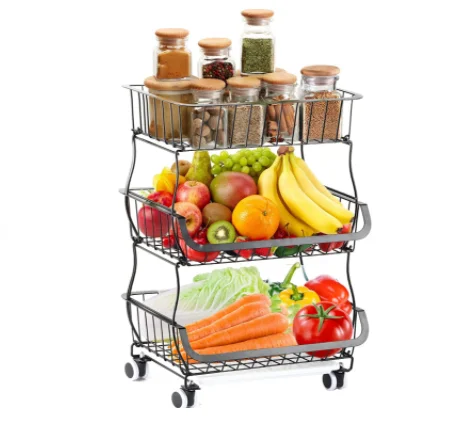 3 Tier Stackable Wire Storage Baskets Fruit Storage Cart with Wheels Tier Vegetable Basket Bins Rack for Kitchen Bathroom Basket
