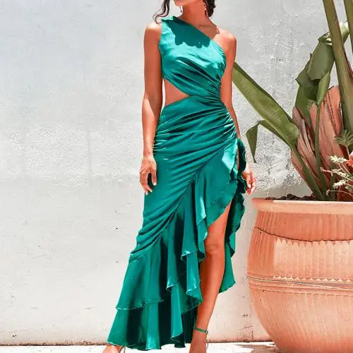 irregular side slit backless off shoulder Dress Cotton hollow One Shoulder patchwork sexy women dresses green 744426