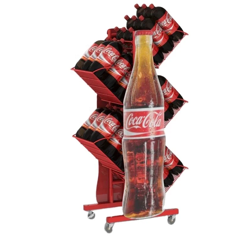 Customized Floor Type Metal Coca Cola Display Stand With Casters Pepsi Display Rack For Beverage