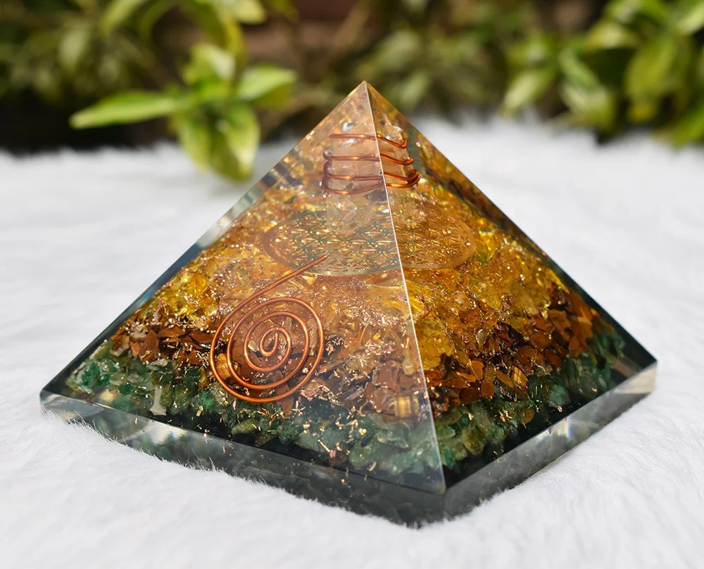
Citrine, Tiger Eye, Green Aventurine Orgone Pyramid With Flower Of Life Wholesale Reiki Healing Energy Generator Orgone Pyramids 