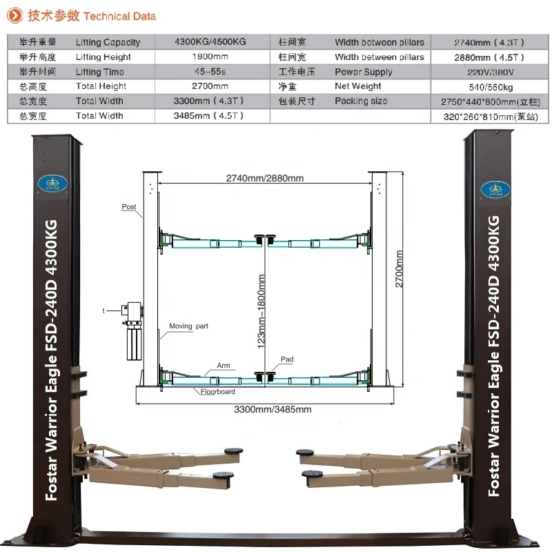 The popular 4300KG double column household elevator from the CE certified brand of button switch controlled electrolytic lock