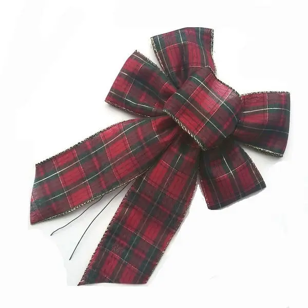 Christmas Holiday Party Birthday Wedding Tree Decorative Polyester Gold Wired Edge Red Green Plaid Gift Ribbon Bow