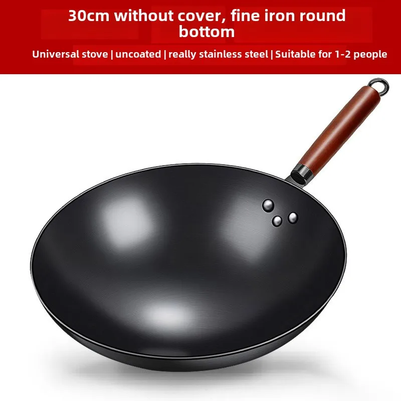 Traditional Cast Iron Wok Old Fashioned Household Pan with Non-Stick Surface and Chinese Style Lid for Gas Induction Cookers