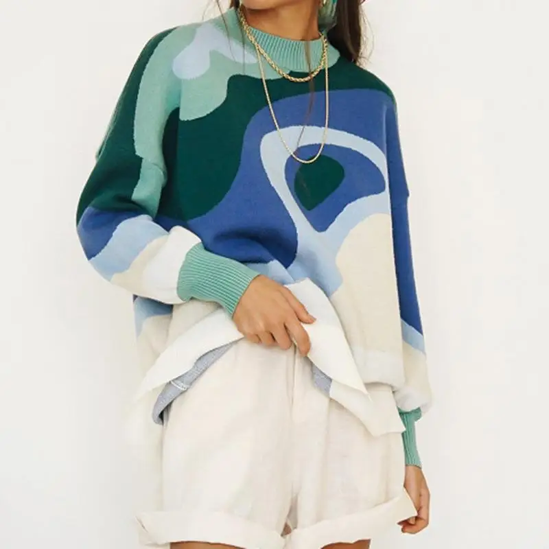 Girl Fashion Abstract Blue White Print Crew Neck Preppy Sweater Lady Casual Pullover Contrast Color  Knit Tops For Womens