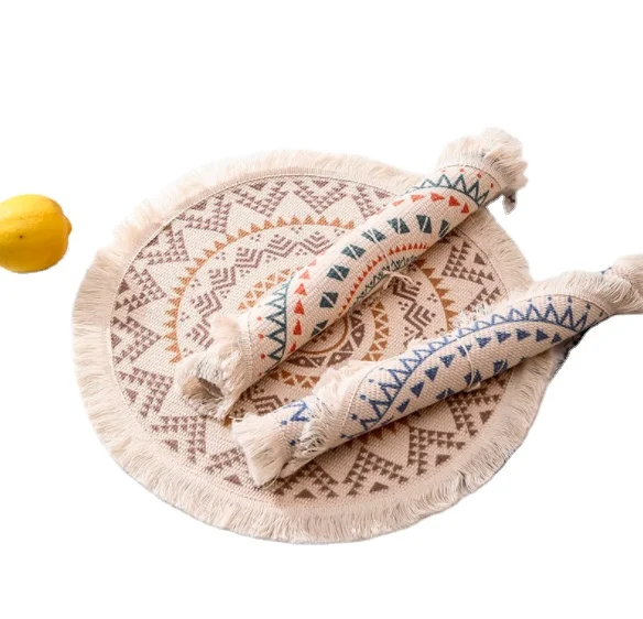
Natural Dining Wooven Nordic Round Boho rattan Raffia Linen cotton woven macrame table Wicker fringe placematsJute wholesale 