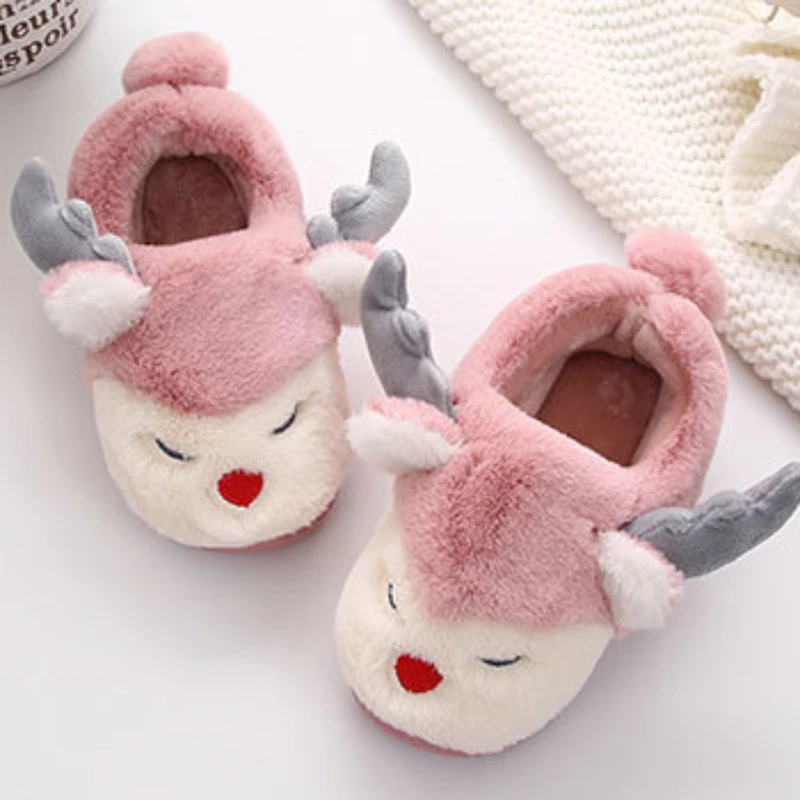 HO Cartoon Animal Christmas Deer Winter Plush Children Girls Slippers Customized Fluffy Indoor Home Slippers For Baby Kids Girls