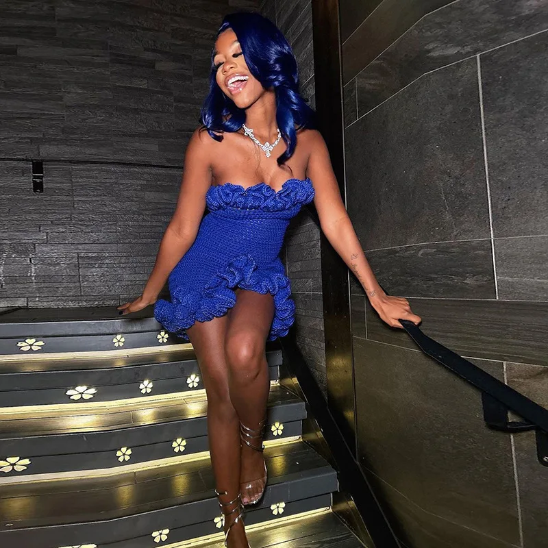 2024 Summer Off Shoulder strapless knitted backless flower mini dress for women Beach hollow out dresses