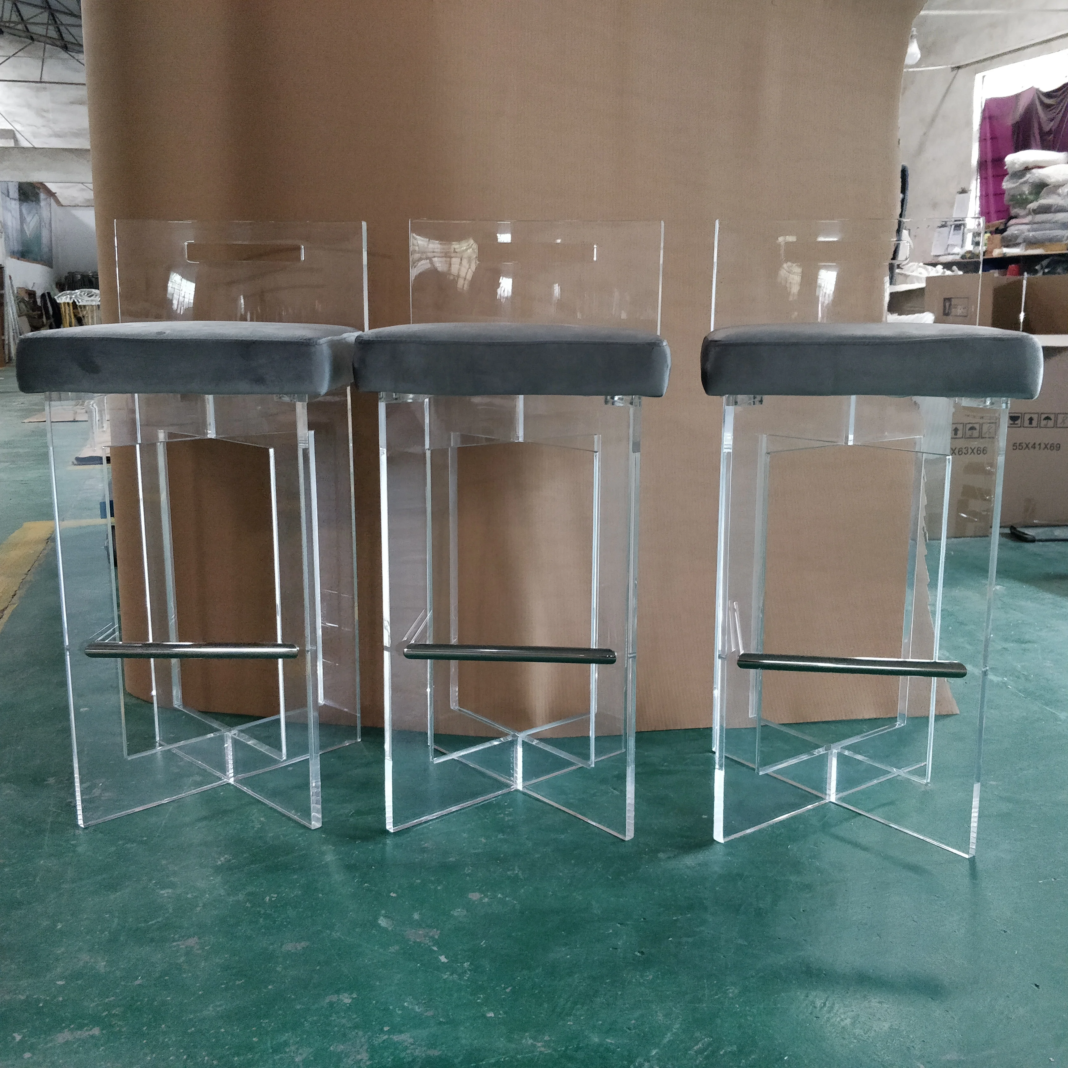 Factory Price OEM ODM Modern Design Cross Stool Transparent Acrylic High Bar Stool Chair with brass metal