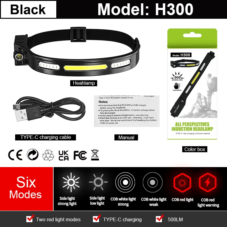 DAINING Sensor Headlamp Type-C Charging Head Light Red & White Light 210 Degree wide Light Angle Head Lamp