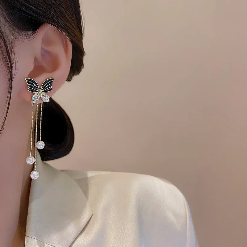 Two Ways Wearing Black Butterfly Earrings 2022 S925 Silver Needle Long Tassel Pearl Earrings for Women