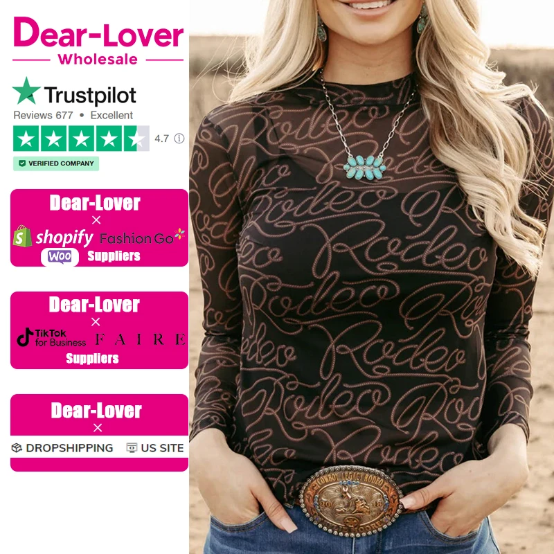 Dear-Lover Casual Black Western Women Rodeo Printed Mock Neck Long Sleeve Mesh Top