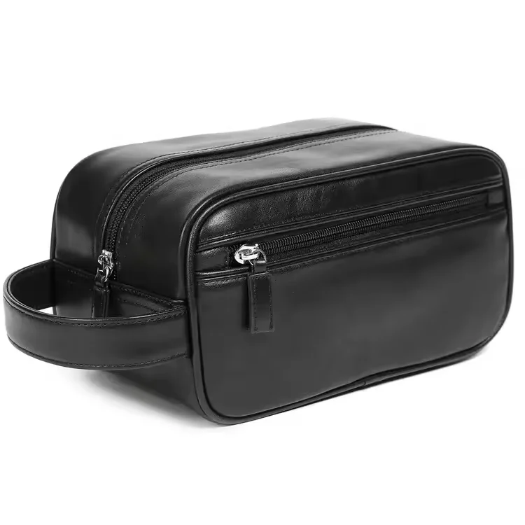 OEM Custom Men Black Washing Bags Cosmetic Storage Bag Luxury Vegan Genuine Leather Toilet Bag For Men