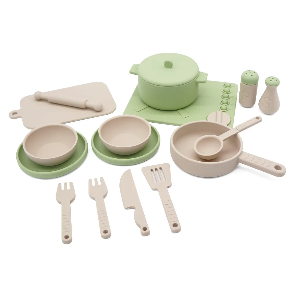 Silicone Kid Play Kitchen Accessories Toy Set With Pots and Pans Sets for Kids Pretend