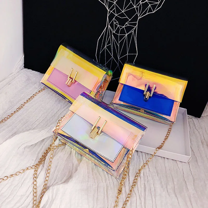 Wholesale colorful transparent pvc neon chain purses bags jelly handbags for women