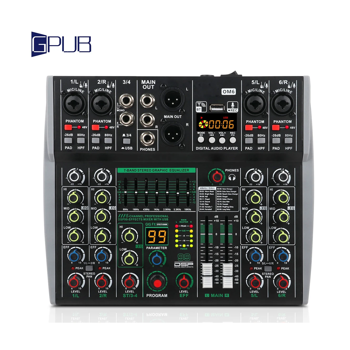 GPUB OM6 Channel 99 DSP Effects Professional Audio Mixer Mixing Console with BT USB Recording