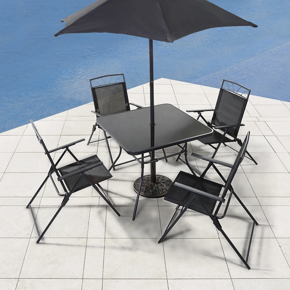 China Garden Furniture Home Leisure Way Patio Outdoor 4 Seater Metal Dining Set with Foldable Chairs, Glass Table, Umbrella