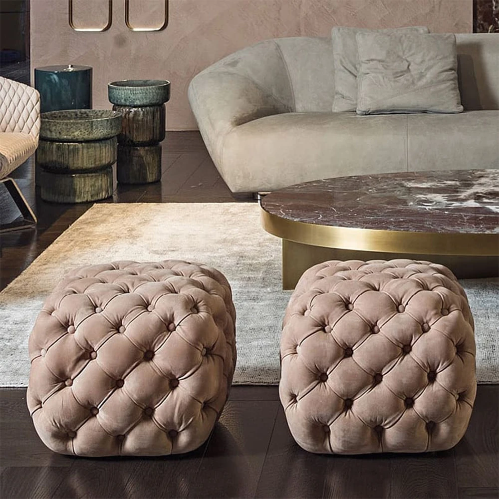 Luxury Morden Furniture Tufted Button Stools Modern Design Small Fabric Ottoman Pouf Leather Stool Bench