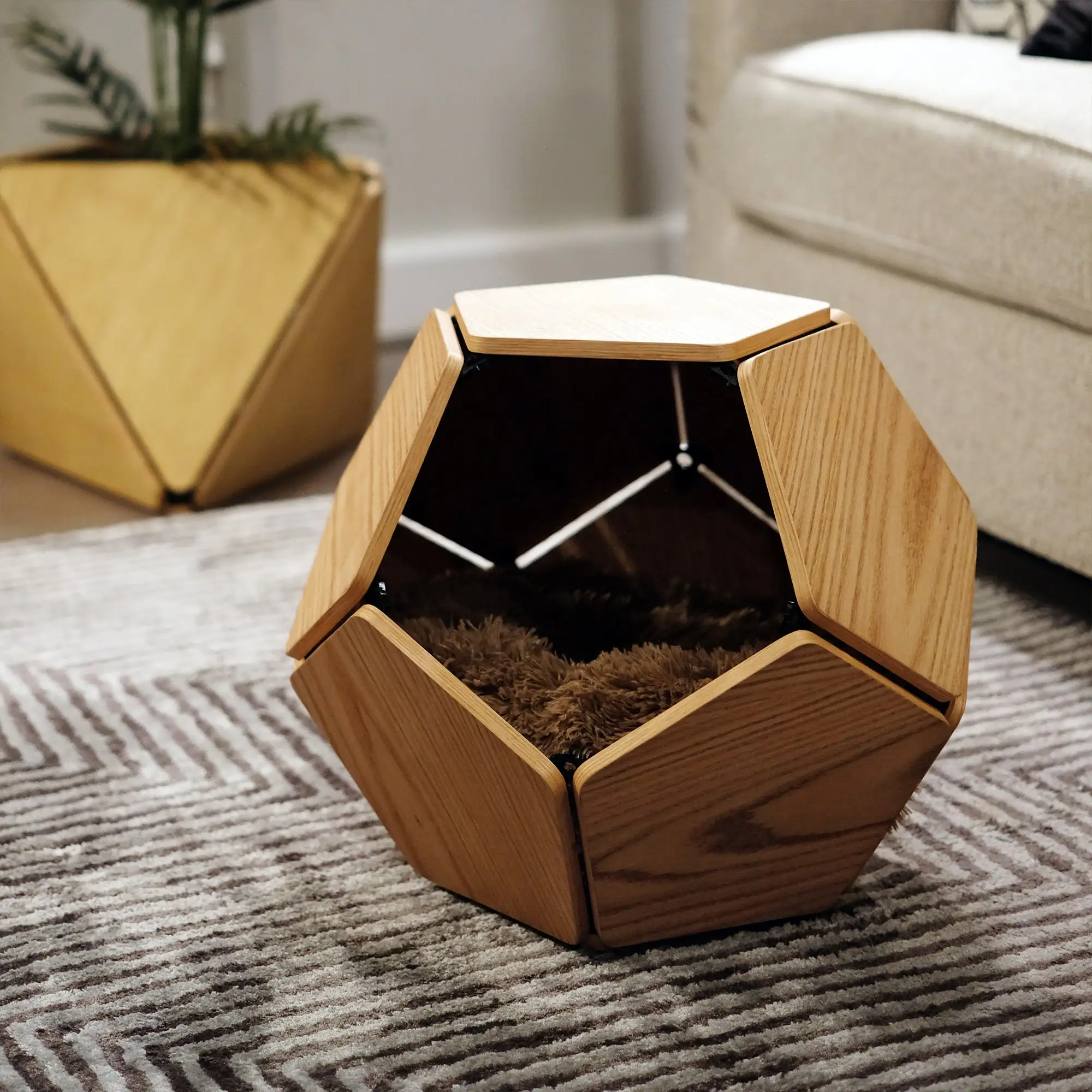 Современный роскошный новый дизайн шпонированная кровать для кошек пещера геометрический боковой стол современная мебель из натурального дерева шестиугольная