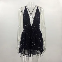 2022 Sexy Mini Party Dress Ladies Sequin Deep V neck Backless Women Spaghetti Strap Party Dresses Short