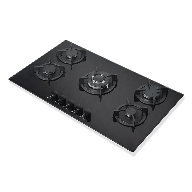 34 inches 5-Burner Gas Stove Built-In Black Tempered Glass Cast Iron Cooking Gas Cooker Surface Household Hotel Use