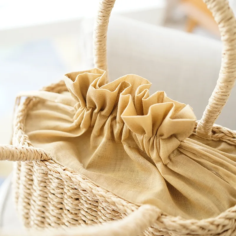 Rattan Wicker Straw Tote Bag Wicker Round Beach Bag Thailand Straw Bags with Drawstring