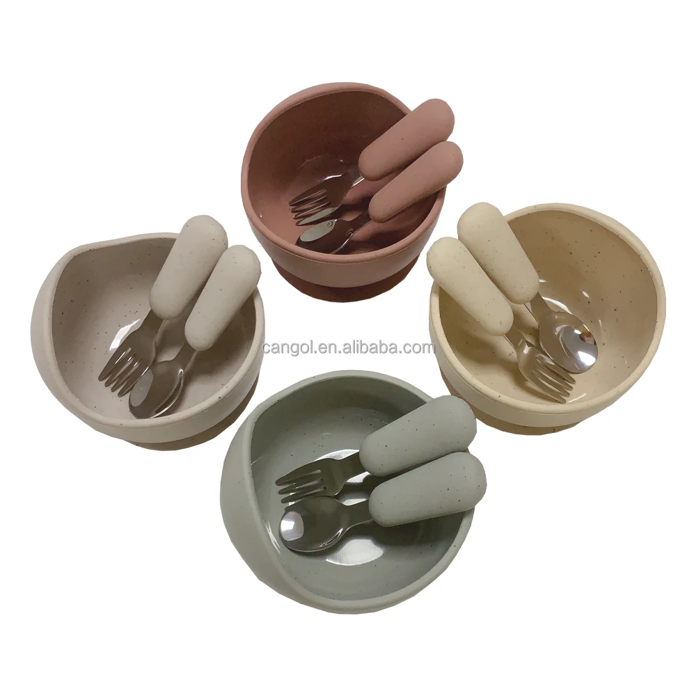 BPA FREE speckle silicone baby suction bowl and spoon fork training eating weaning kids dining Toddlers silicone tableware set