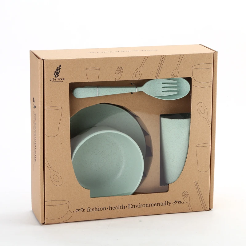 Natural Wheat Straw Spoon Fork Chopsticks Cup Bowl Plate 6-pieces Set