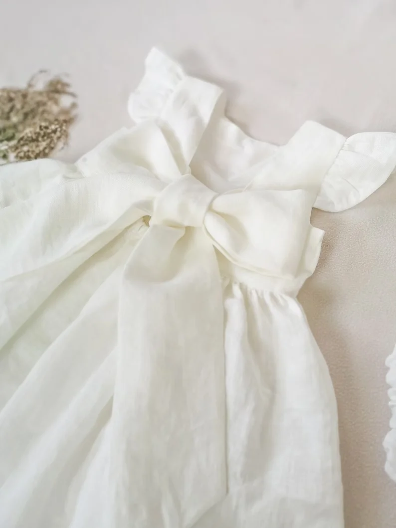 Custom Wholesale Solid Color Casual Clothes Linen Organic Cotton Ruffle Shoulder 1 Year Girl Baby Summer Dresses