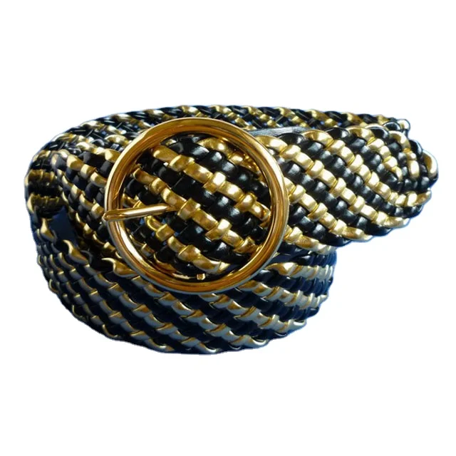 Plaited belts with round gold color buckle with mixed color braided classic and fashion design in high level quality