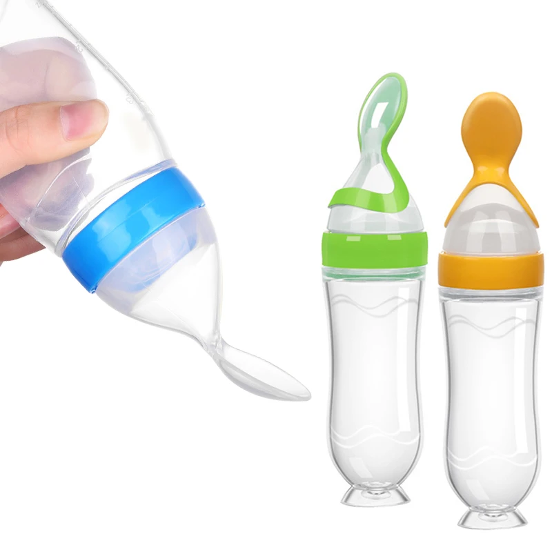 Wholesale Baby Product Baby Cereal Feeding Spoon Silicone Squeeze Baby Feeder Bottle With Spoon And Suction