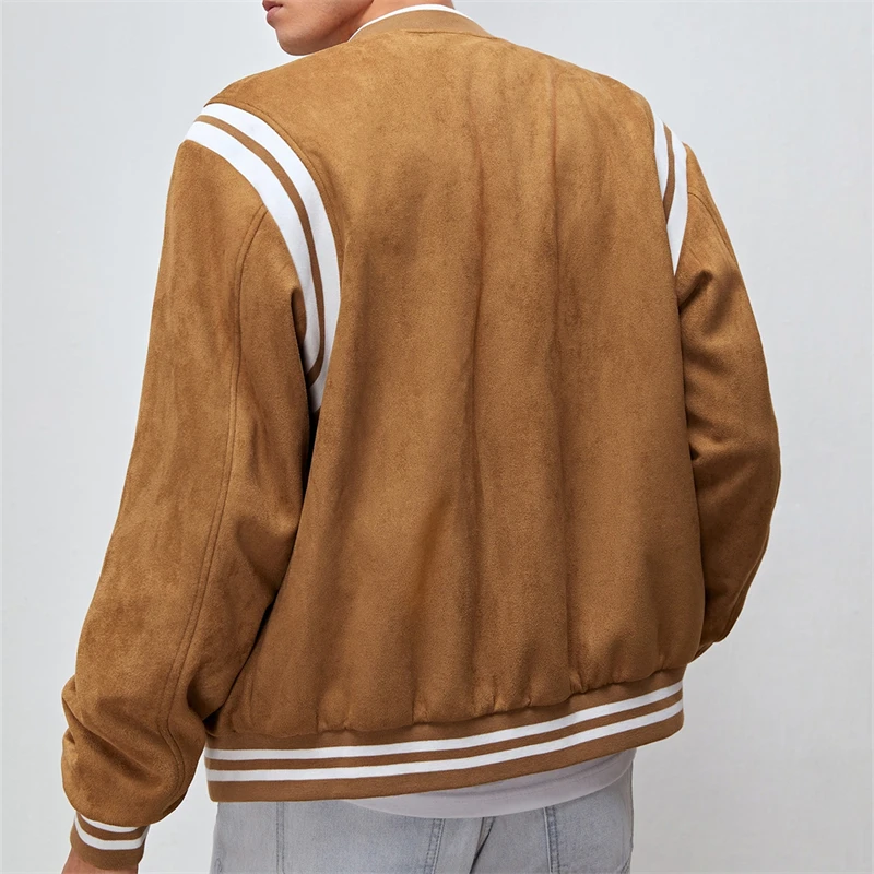 Custom Logo Unisex Letterman Hip Hop Brown Plain Suede Fleece Crop Vintage Winter Casual Men Jacket Coat