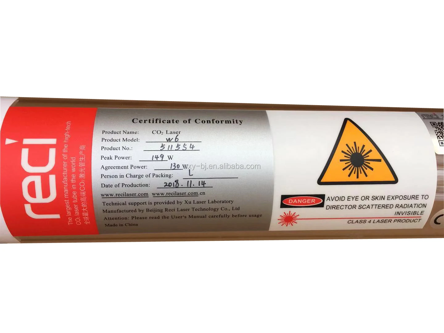 130W ~160W Reci Tube / CO2 Laser Tube for laser cutting machine