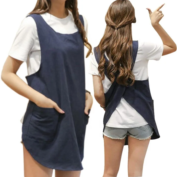 New Product Fashionable Linen Apron Japanese Style cooking custom size cross back aprons for women with 2-pocket