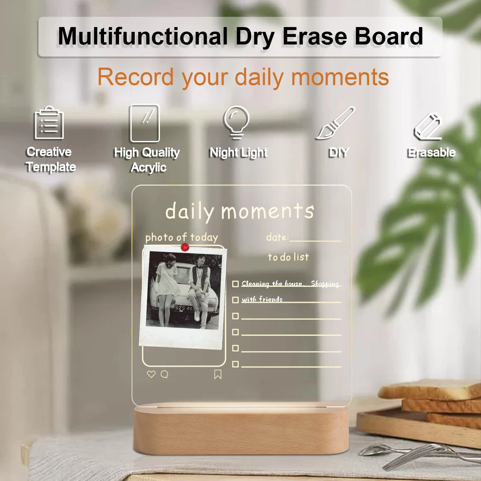 LED acrylic writing dry erase board 3D DIY Round Wooden Base lamp Night Light with Erasable pen